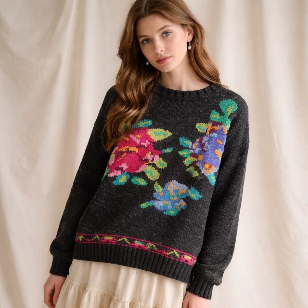 Vintage Floral Wool-Blend Sweater Cottagecore Modern Whimsy